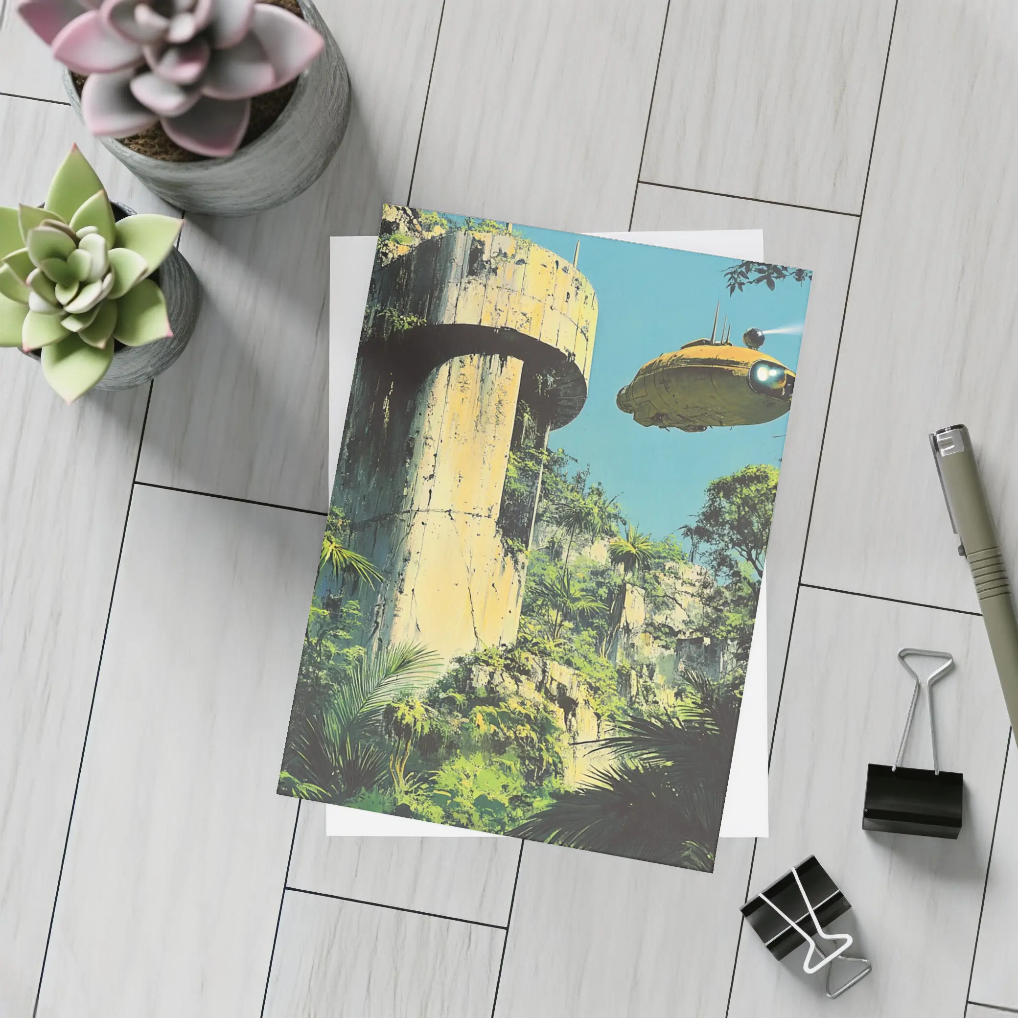 Retro Sci Fi Blimp Over Jungle Ruins – Postcards
