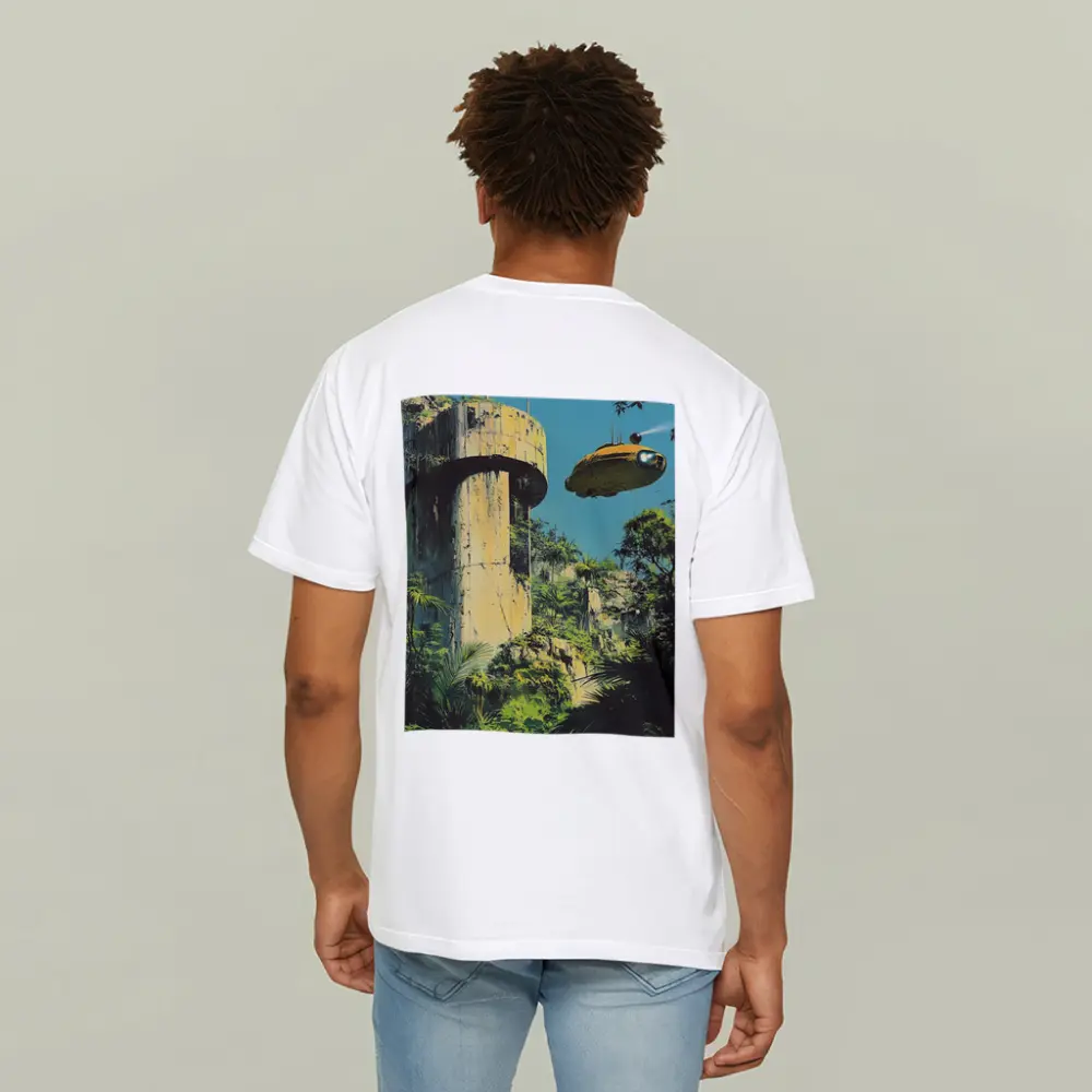 Retro Sci Fi Blimp Over Jungle Ruins – T-Shirts