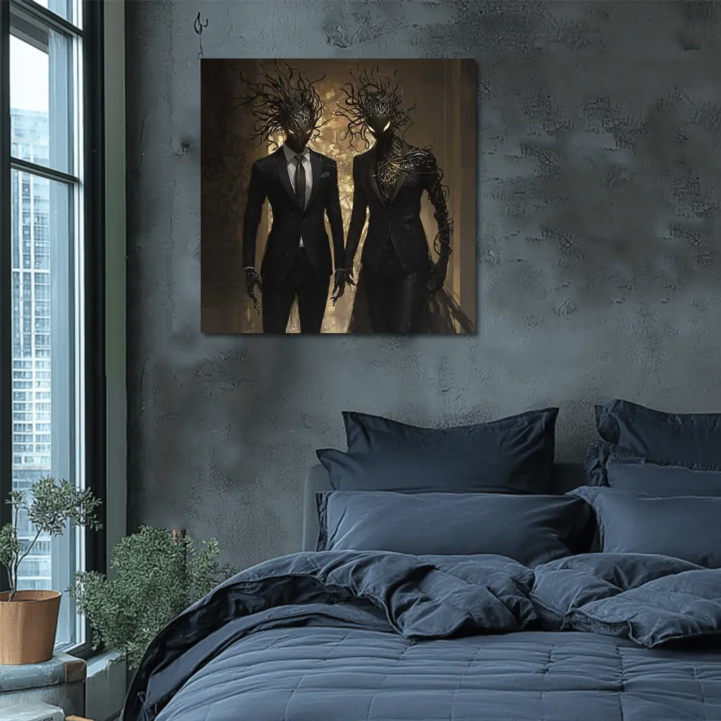 Dark Creature Couple In Black Suits – Wall Art