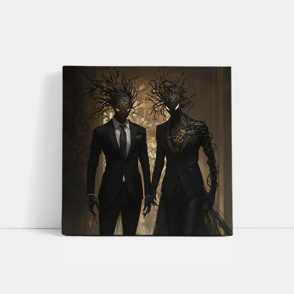 Dark Creature Couple In Black Suits – Wall Art