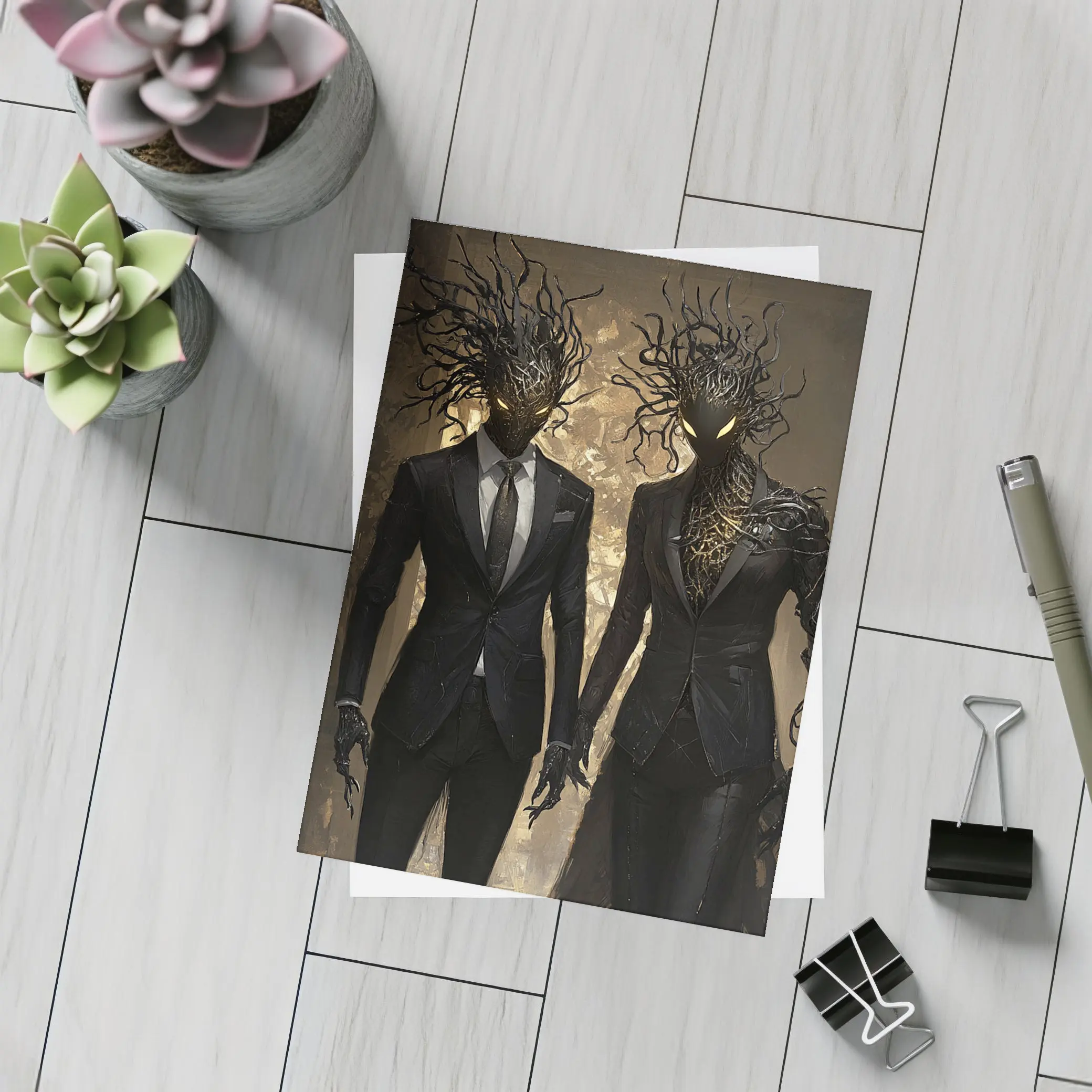 Dark Creature Couple In Black Suits – Postcards