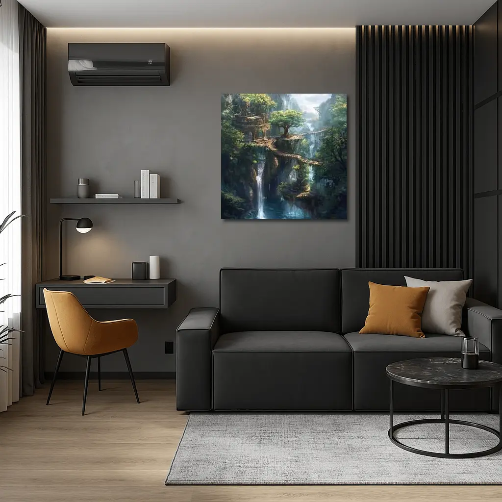 Fantasy Forest Ruins Waterfall Cliffside Bridge – Wall Art