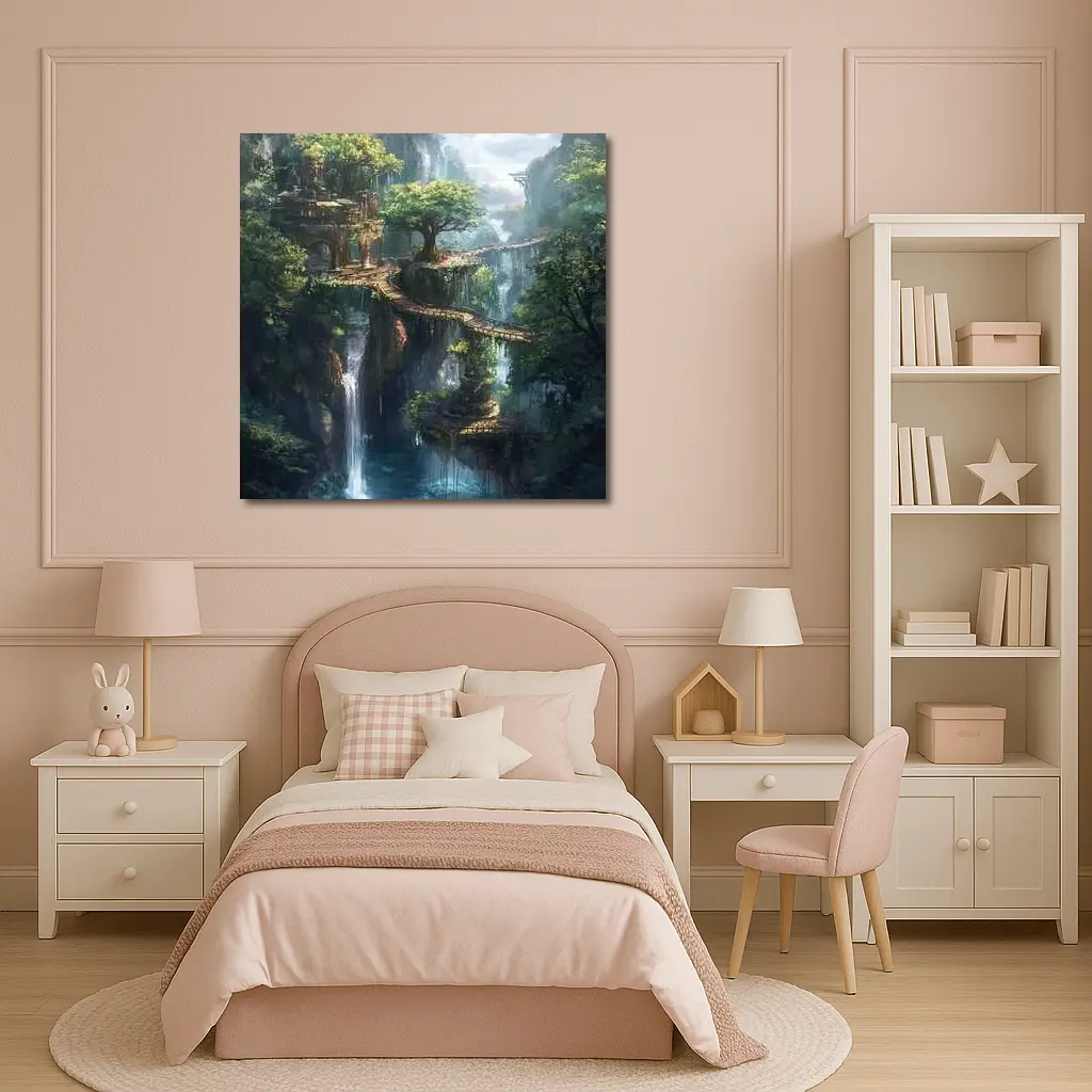 Fantasy Forest Ruins Waterfall Cliffside Bridge – Wall Art