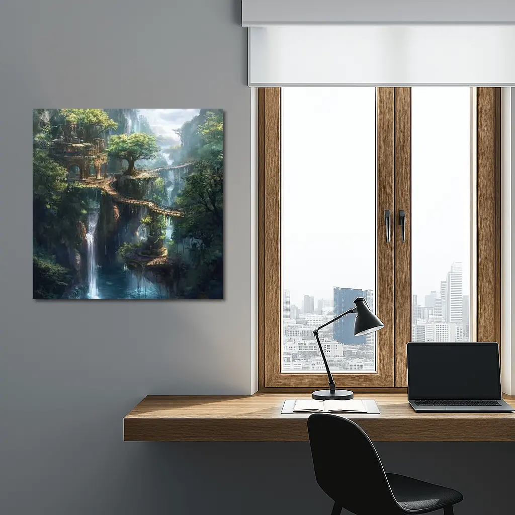 Fantasy Forest Ruins Waterfall Cliffside Bridge – Wall Art