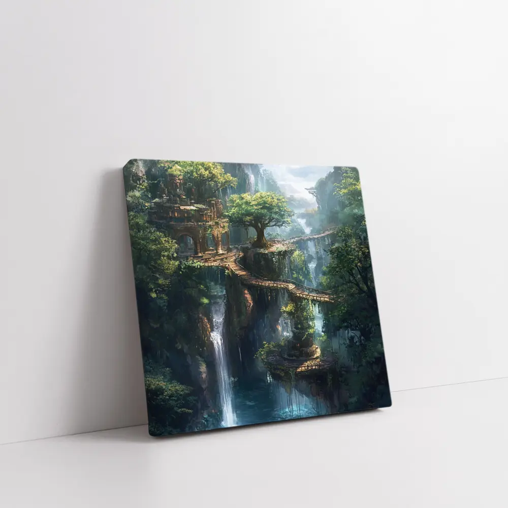 Fantasy Forest Ruins Waterfall Cliffside Bridge – Wall Art