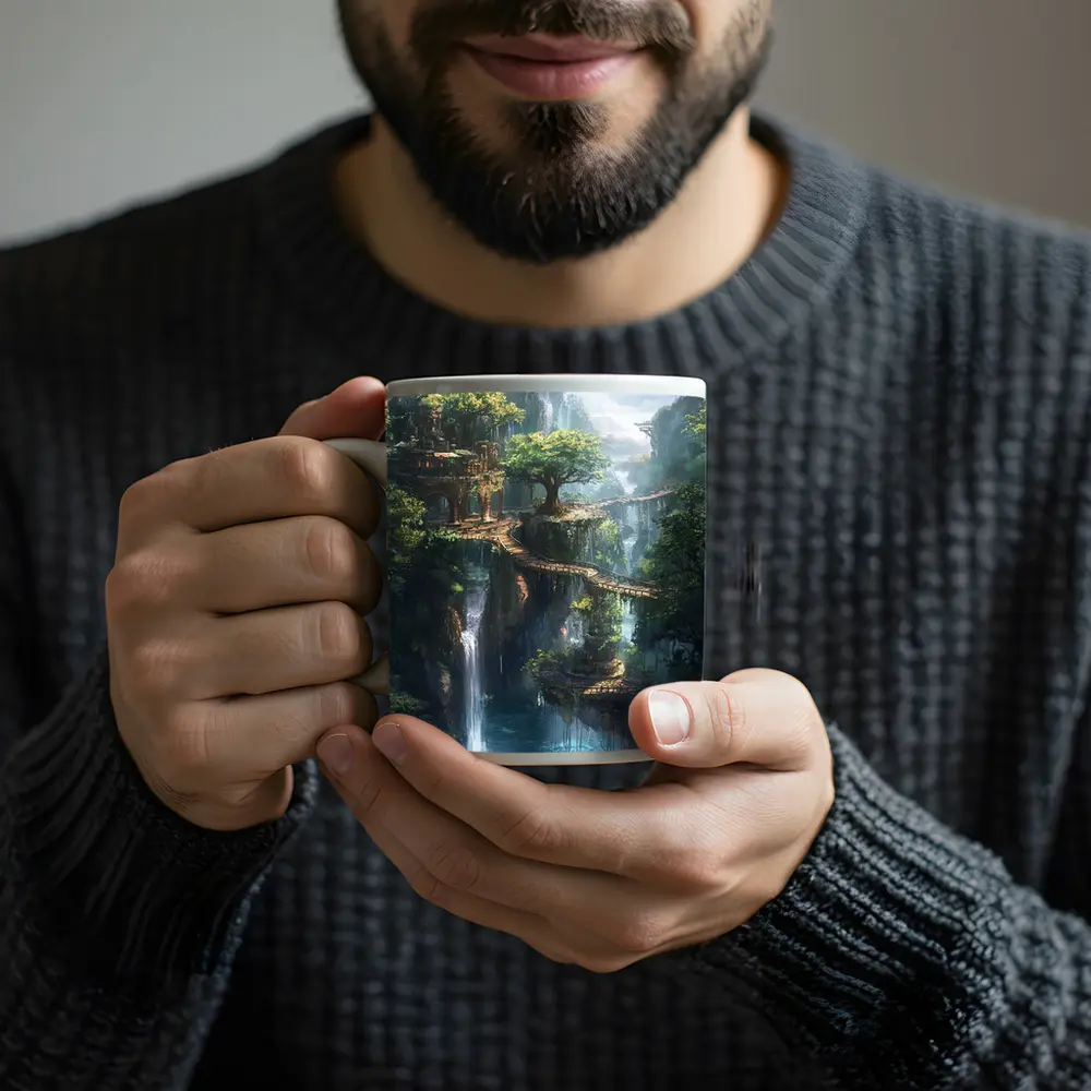 Fantasy Forest Ruins Waterfall Cliffside Bridge – Mugs