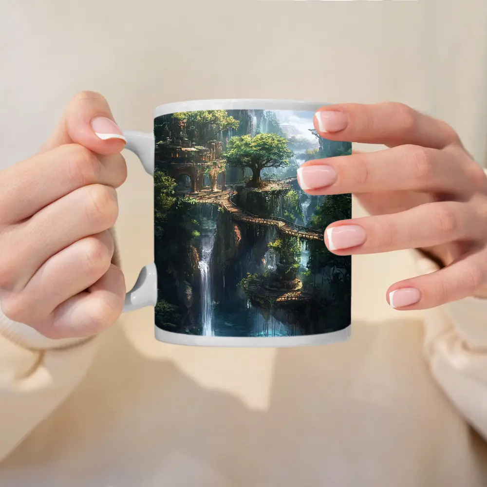 Fantasy Forest Ruins Waterfall Cliffside Bridge – Mugs