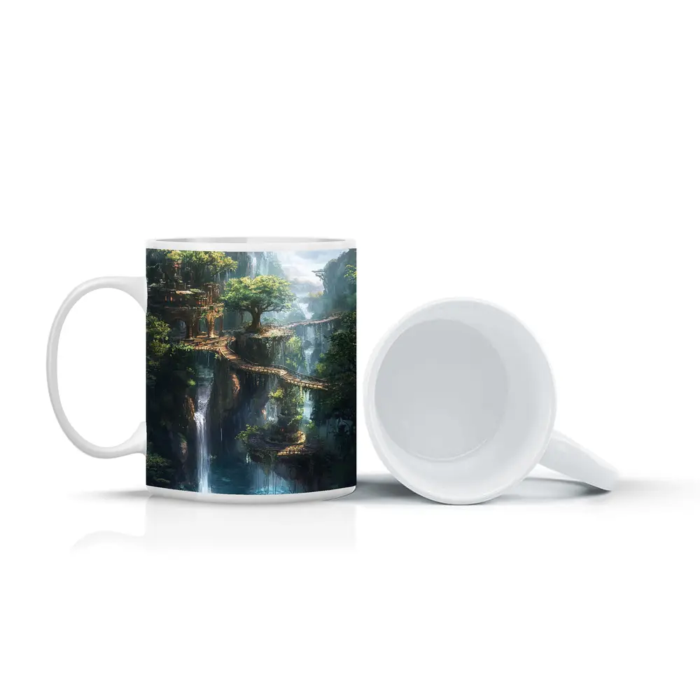 Fantasy Forest Ruins Waterfall Cliffside Bridge – Mugs
