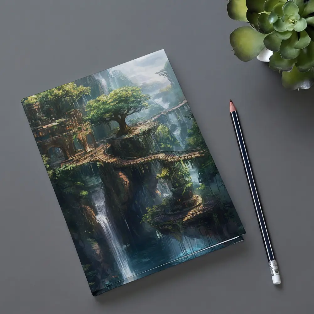 Fantasy Forest Ruins Waterfall Cliffside Bridge – Notebooks