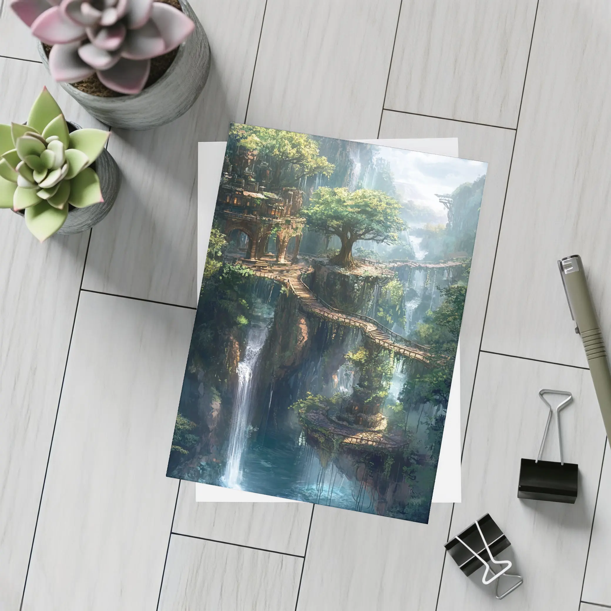 Fantasy Forest Ruins Waterfall Cliffside Bridge – Postcards