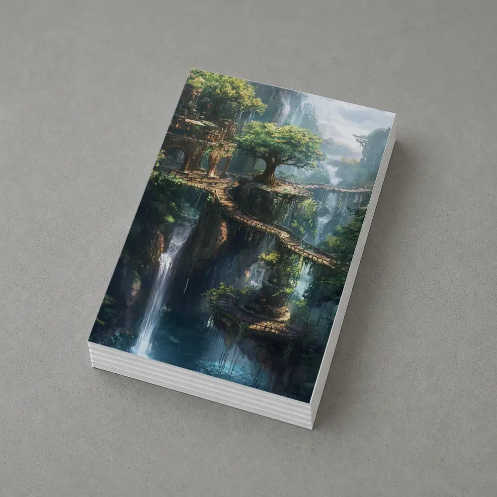 Fantasy Forest Ruins Waterfall Cliffside Bridge – Postcards