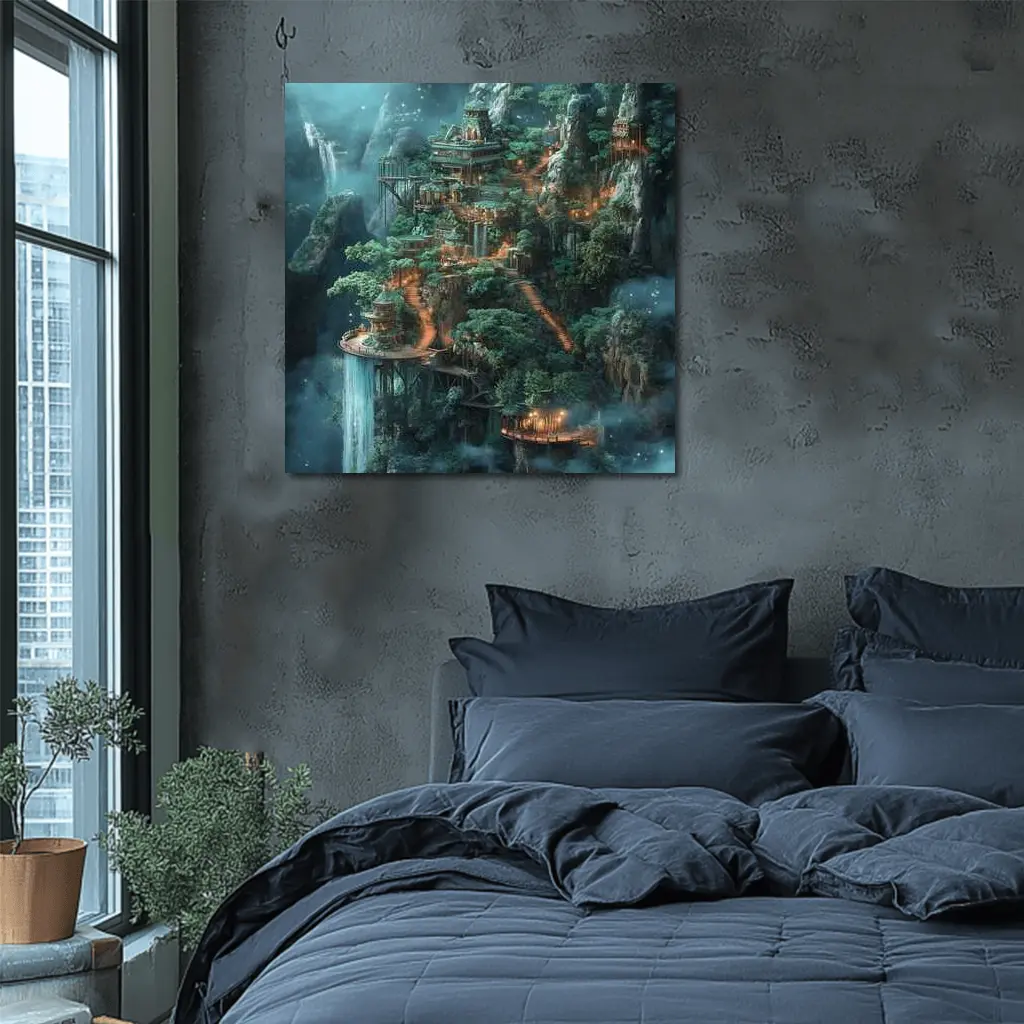 Fantasy Mountain Cliffside Temple Forest Waterfall – Wall Art