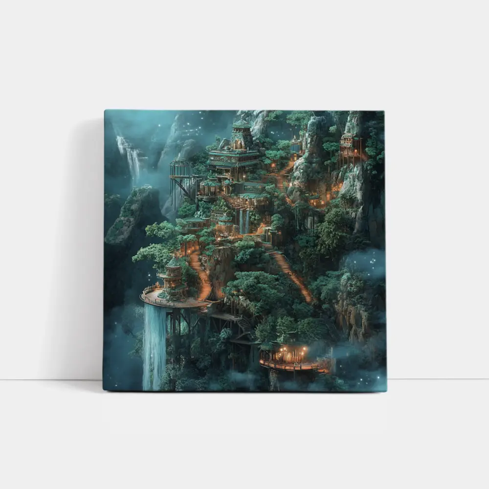 Fantasy Mountain Cliffside Temple Forest Waterfall – Wall Art