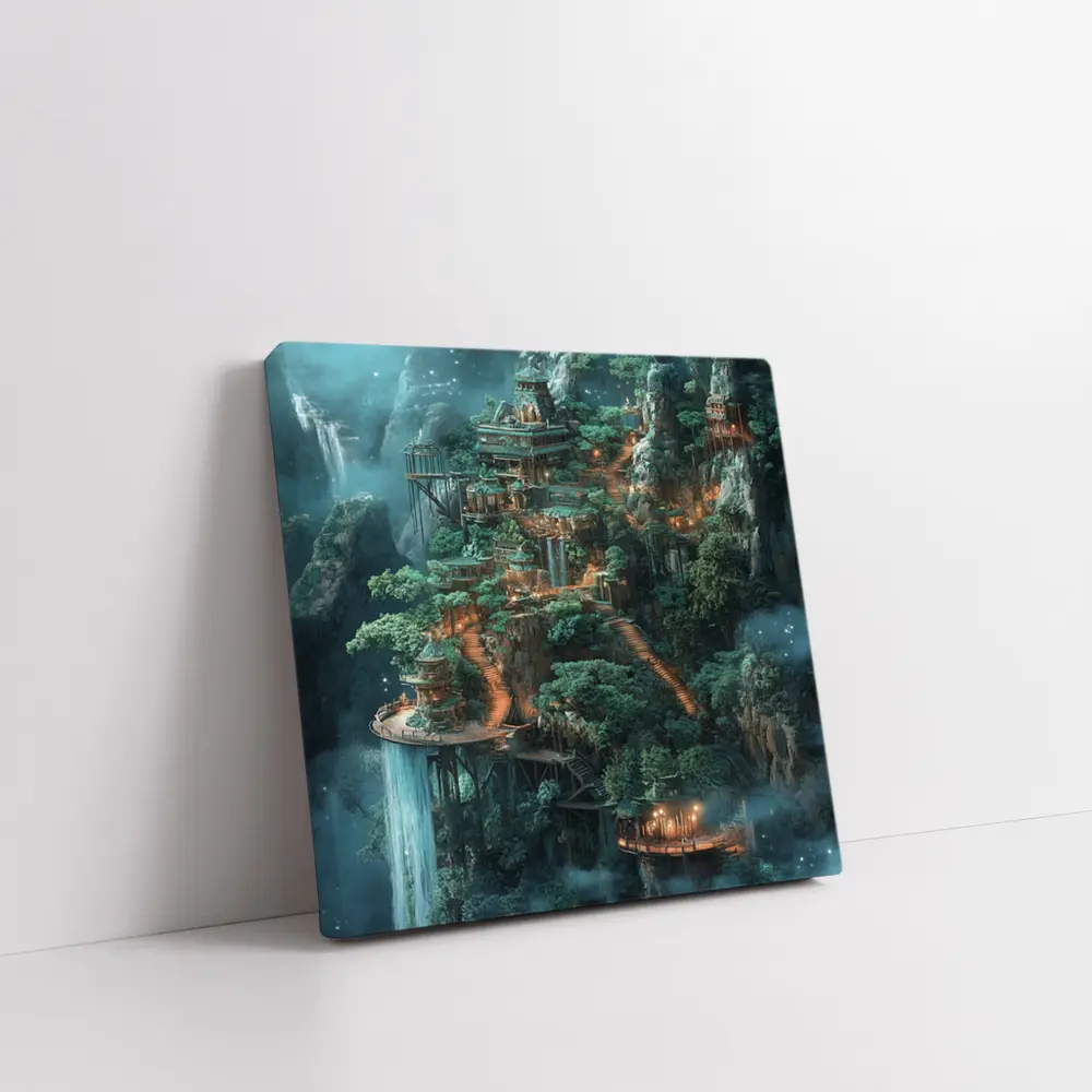 Fantasy Mountain Cliffside Temple Forest Waterfall – Wall Art