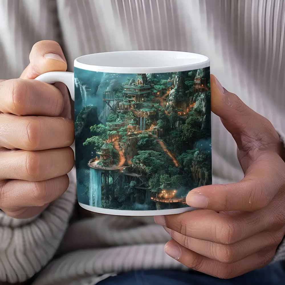 Fantasy Mountain Cliffside Temple Forest Waterfall – Mugs
