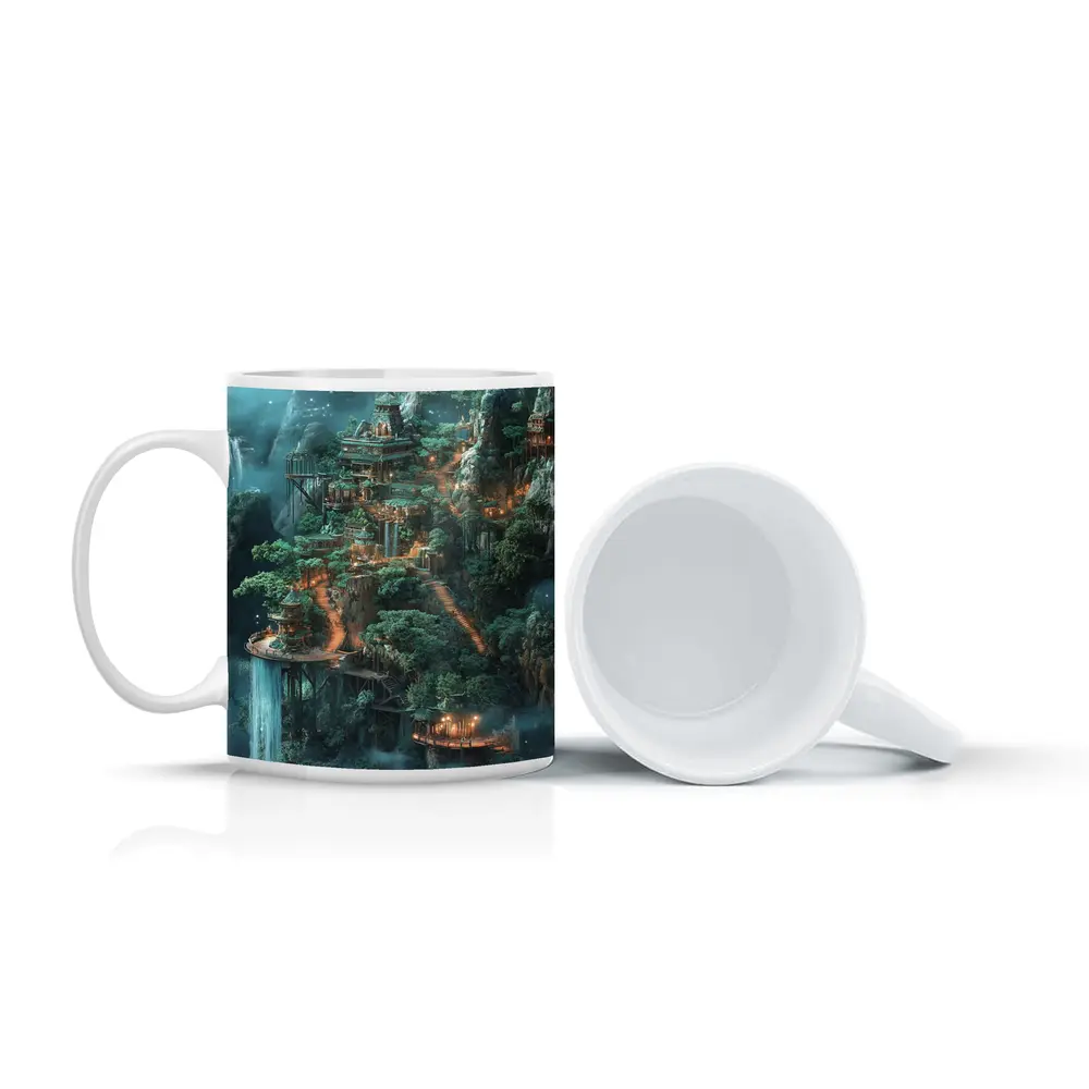 Fantasy Mountain Cliffside Temple Forest Waterfall – Mugs