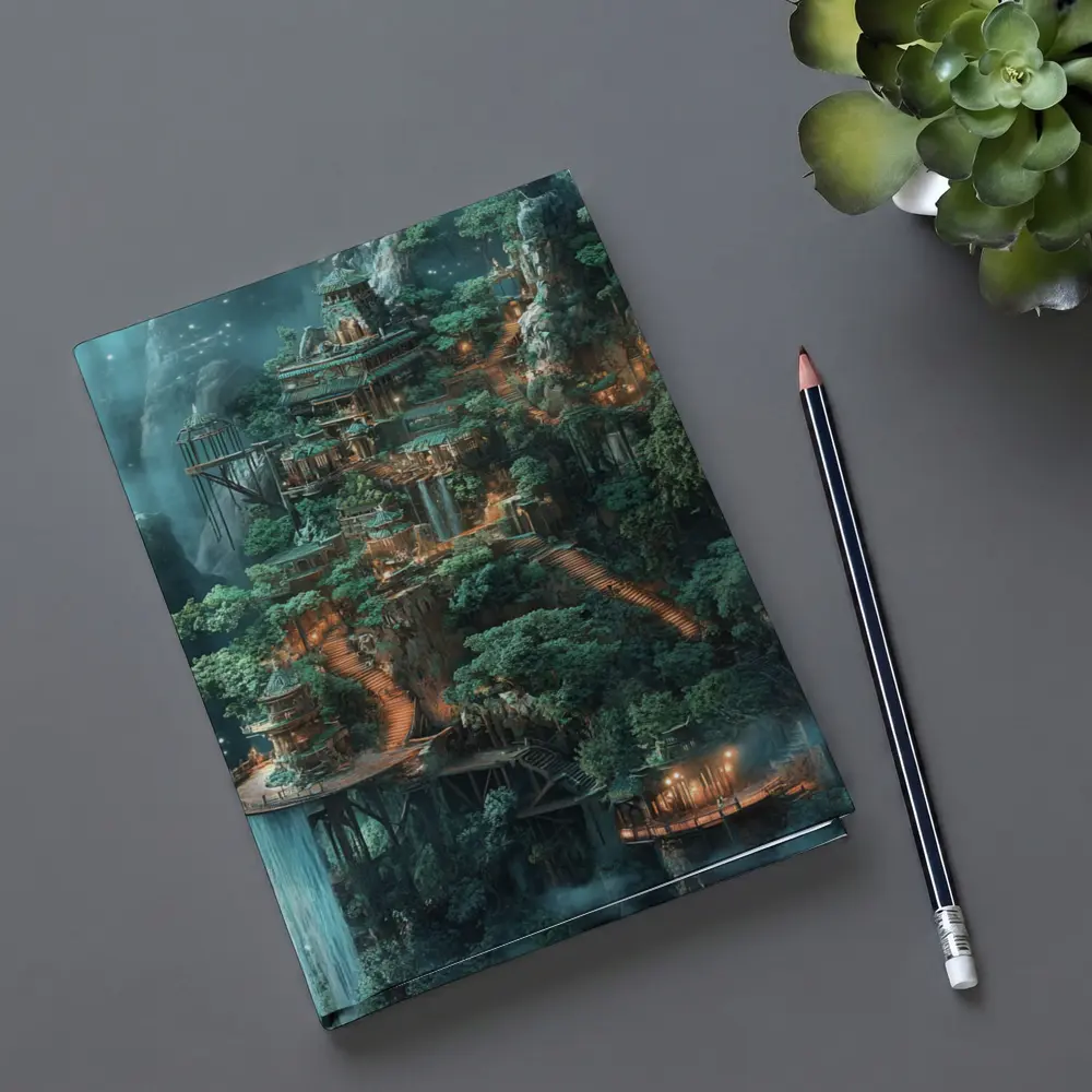 Fantasy Mountain Cliffside Temple Forest Waterfall – Notebooks