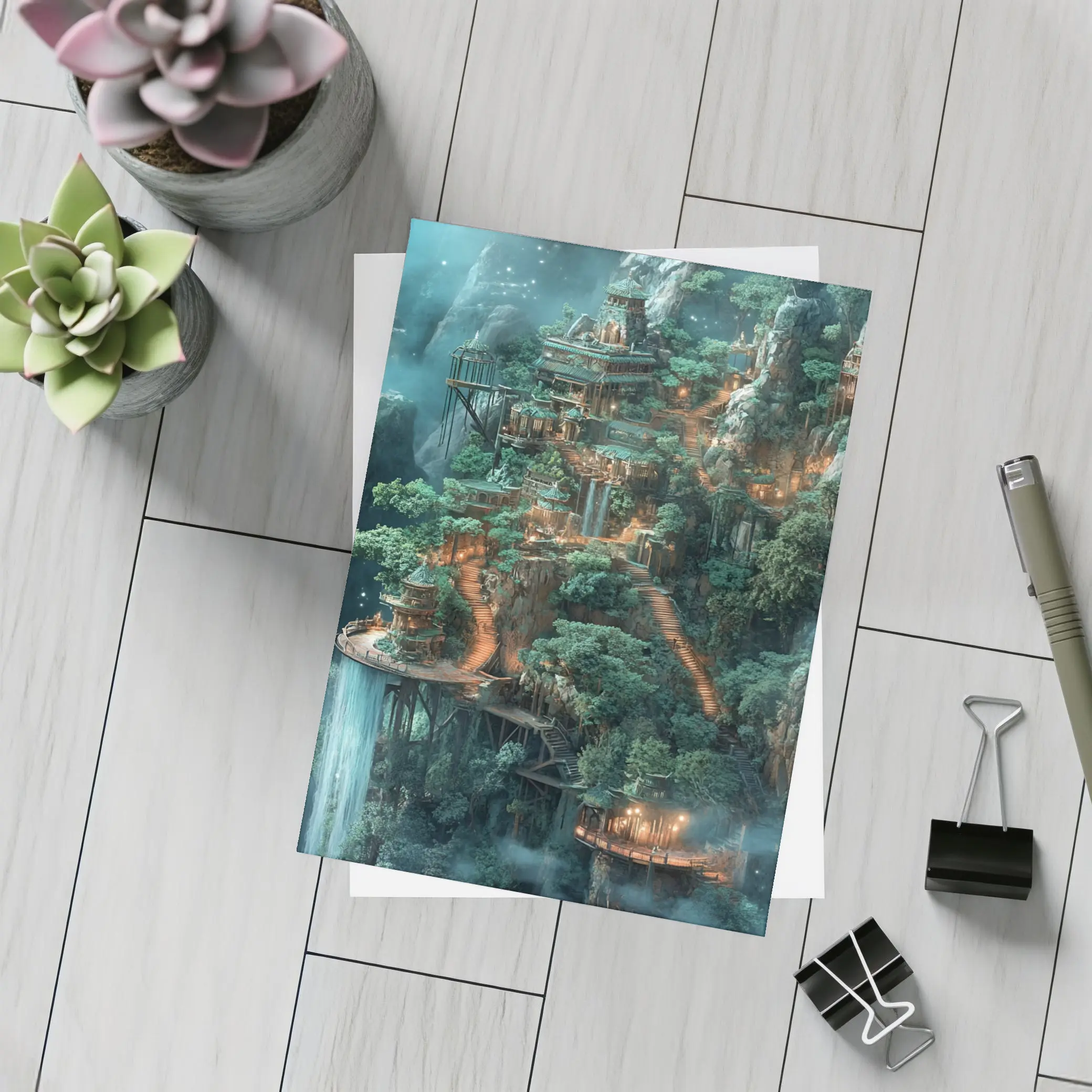 Fantasy Mountain Cliffside Temple Forest Waterfall – Postcards