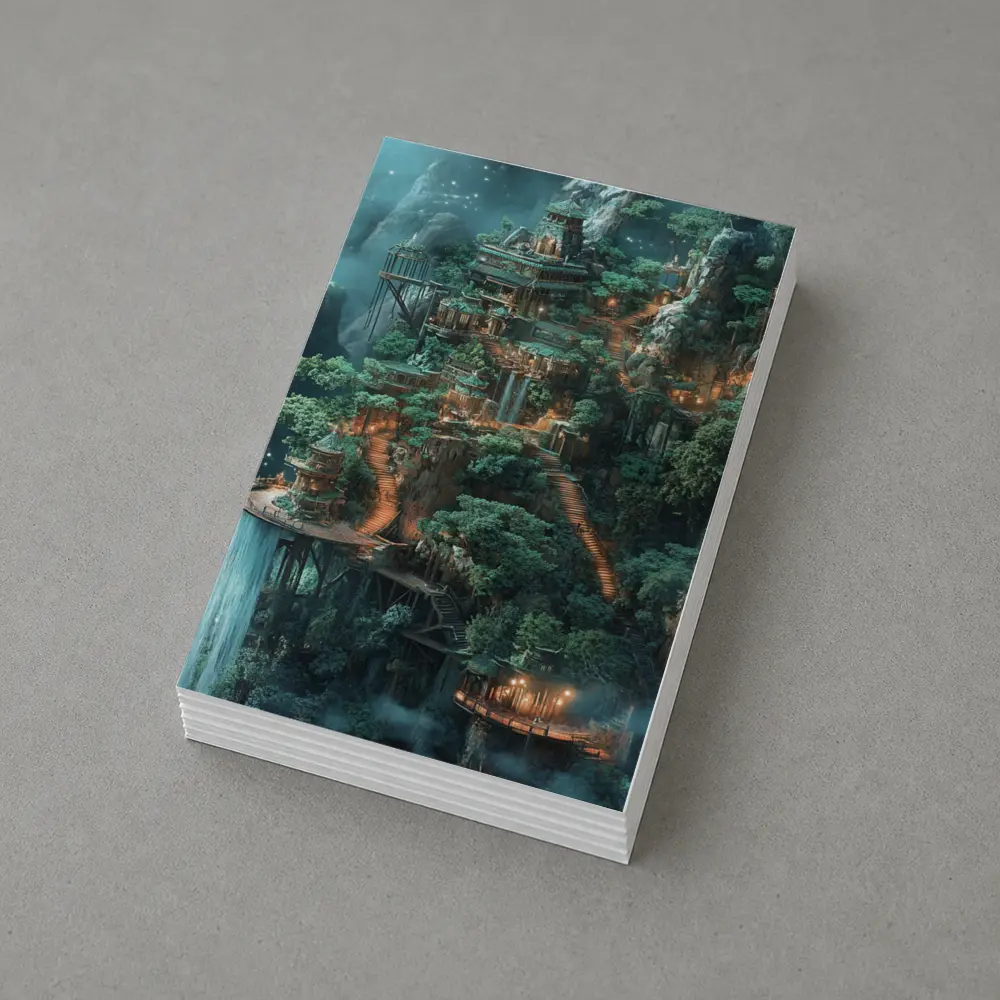 Fantasy Mountain Cliffside Temple Forest Waterfall – Postcards
