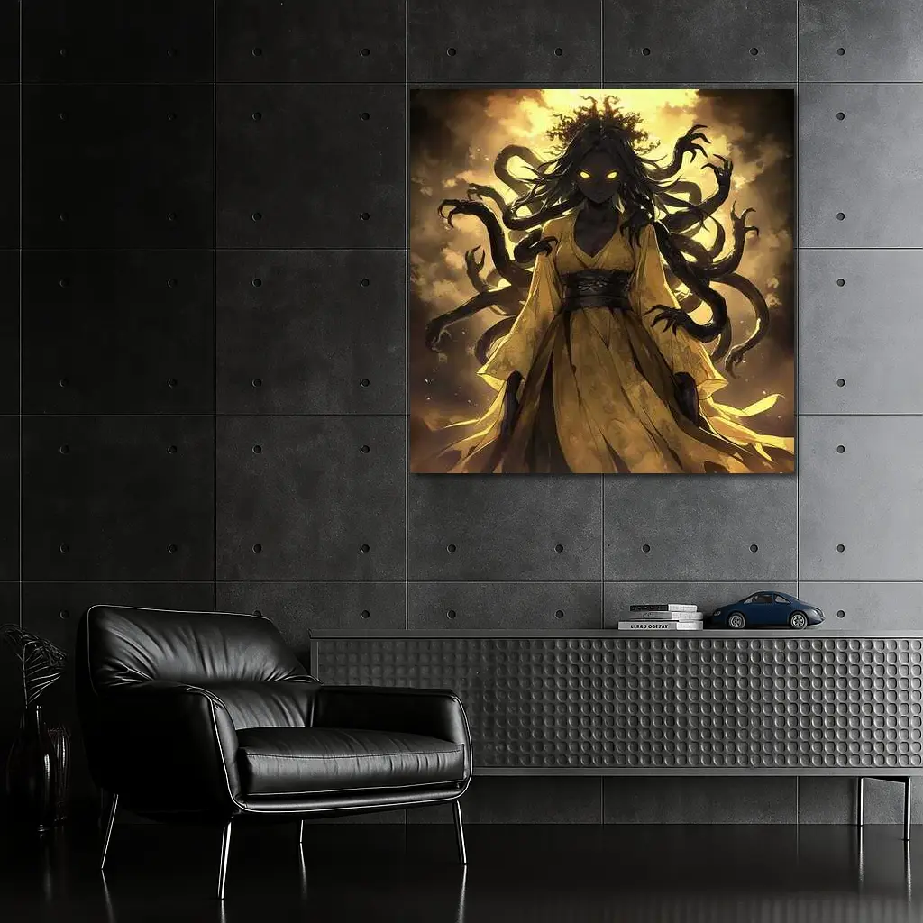 Dark Anime Goddess Glowing Eyes Yellow Sky – Wall Art