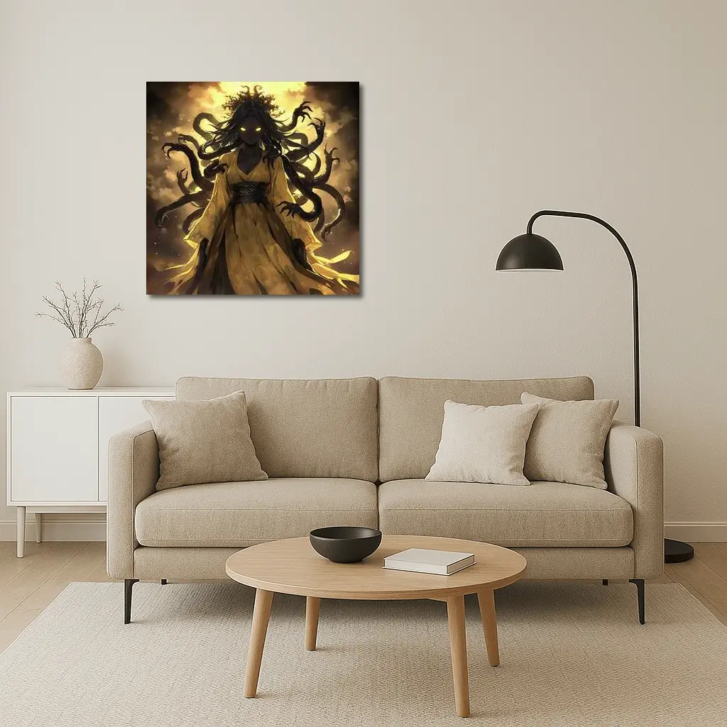 Dark Anime Goddess Glowing Eyes Yellow Sky – Wall Art