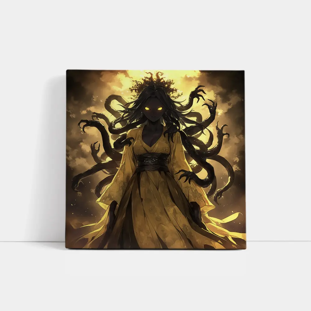 Dark Anime Goddess Glowing Eyes Yellow Sky – Wall Art