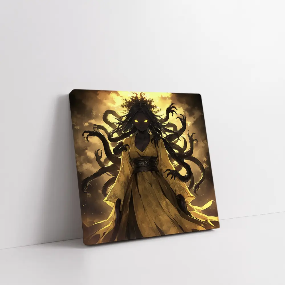 Dark Anime Goddess Glowing Eyes Yellow Sky – Wall Art