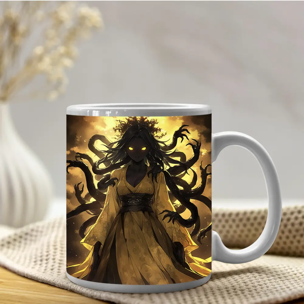 Dark Anime Goddess Glowing Eyes Yellow Sky – Mugs