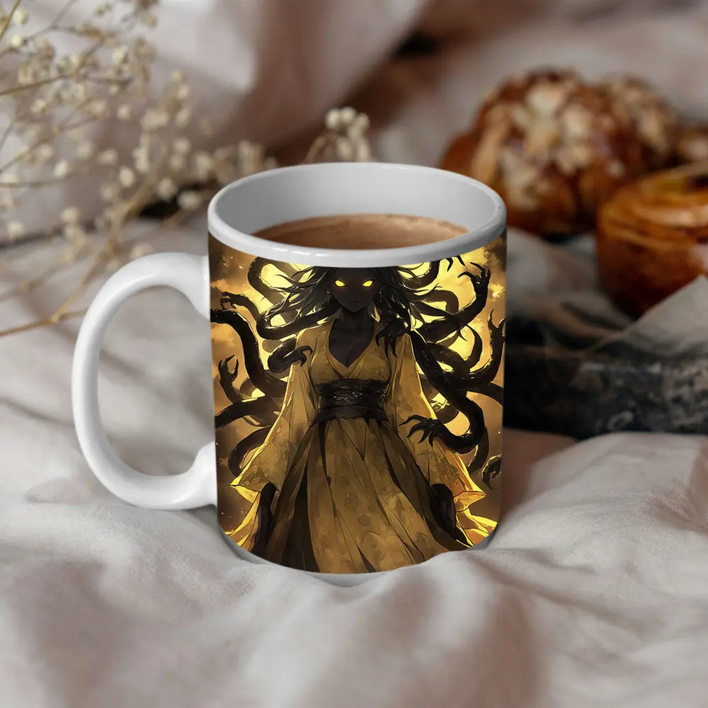 Dark Anime Goddess Glowing Eyes Yellow Sky – Mugs