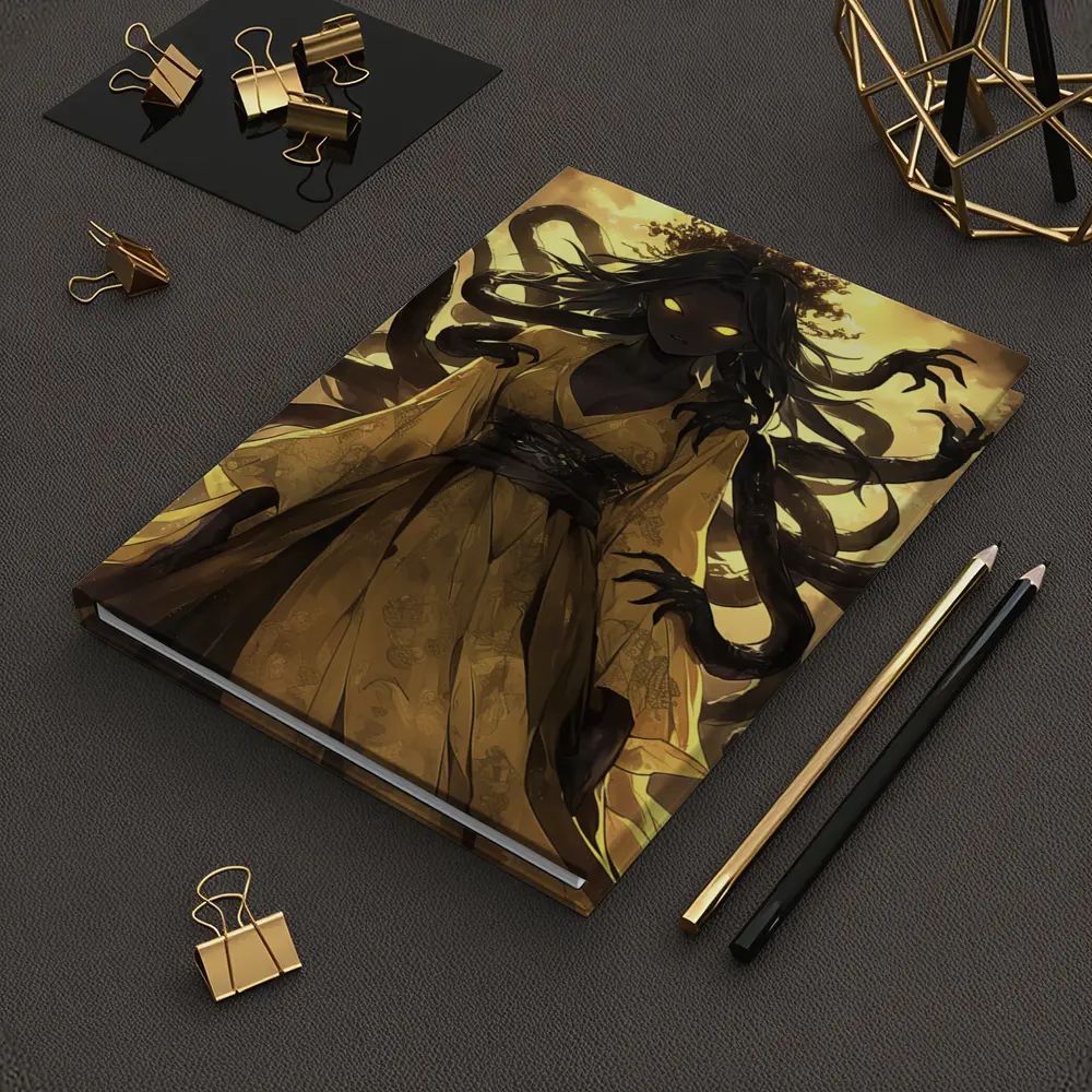 Dark Anime Goddess Glowing Eyes Yellow Sky – Notebooks