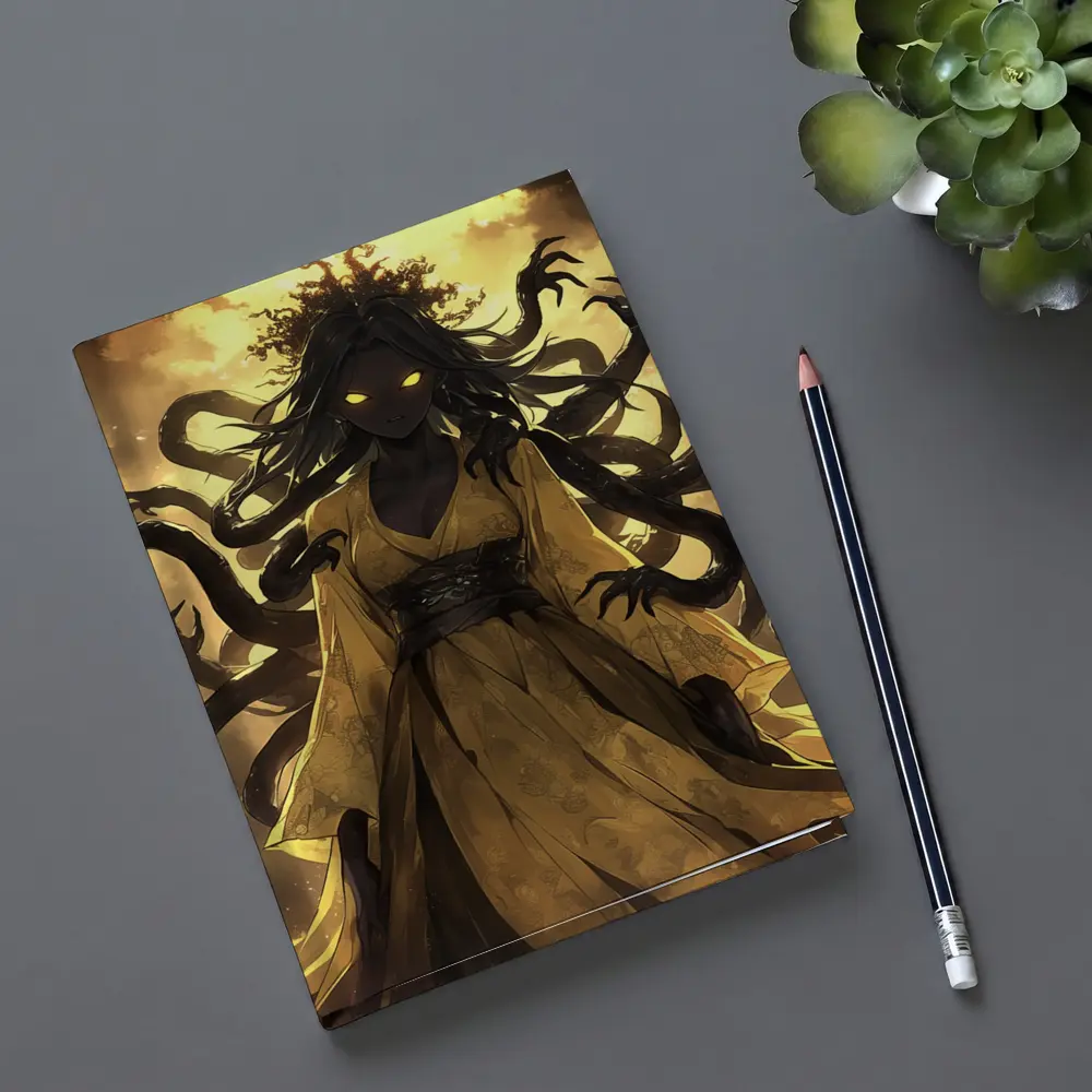 Dark Anime Goddess Glowing Eyes Yellow Sky – Notebooks
