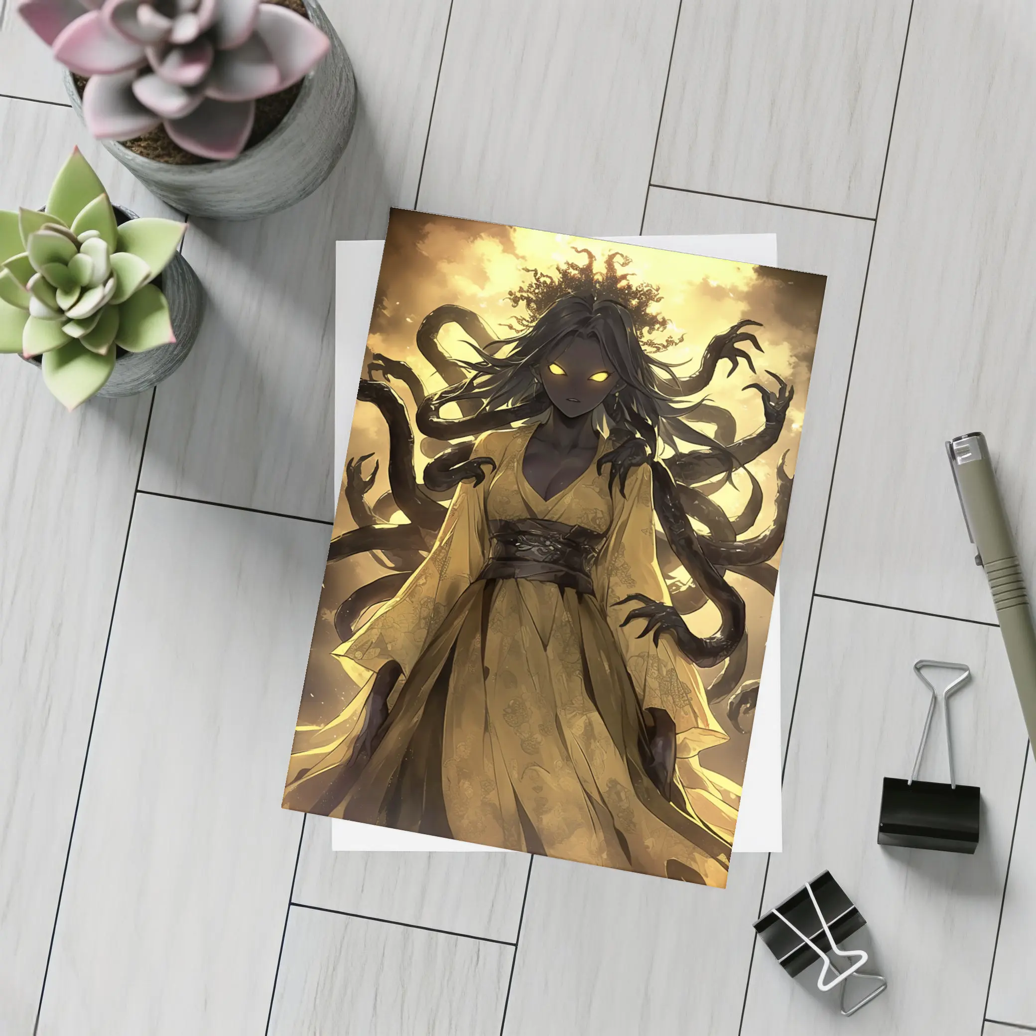 Dark Anime Goddess Glowing Eyes Yellow Sky – Postcards