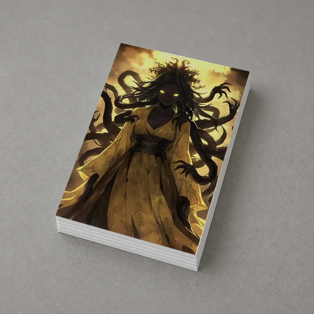 Dark Anime Goddess Glowing Eyes Yellow Sky – Postcards