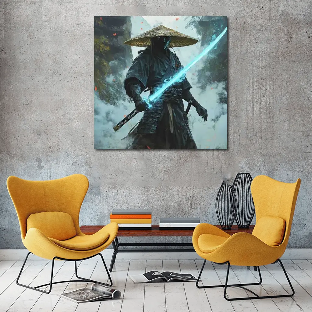 Dark Samurai Glowing Blue Sword Mist – Wall Art