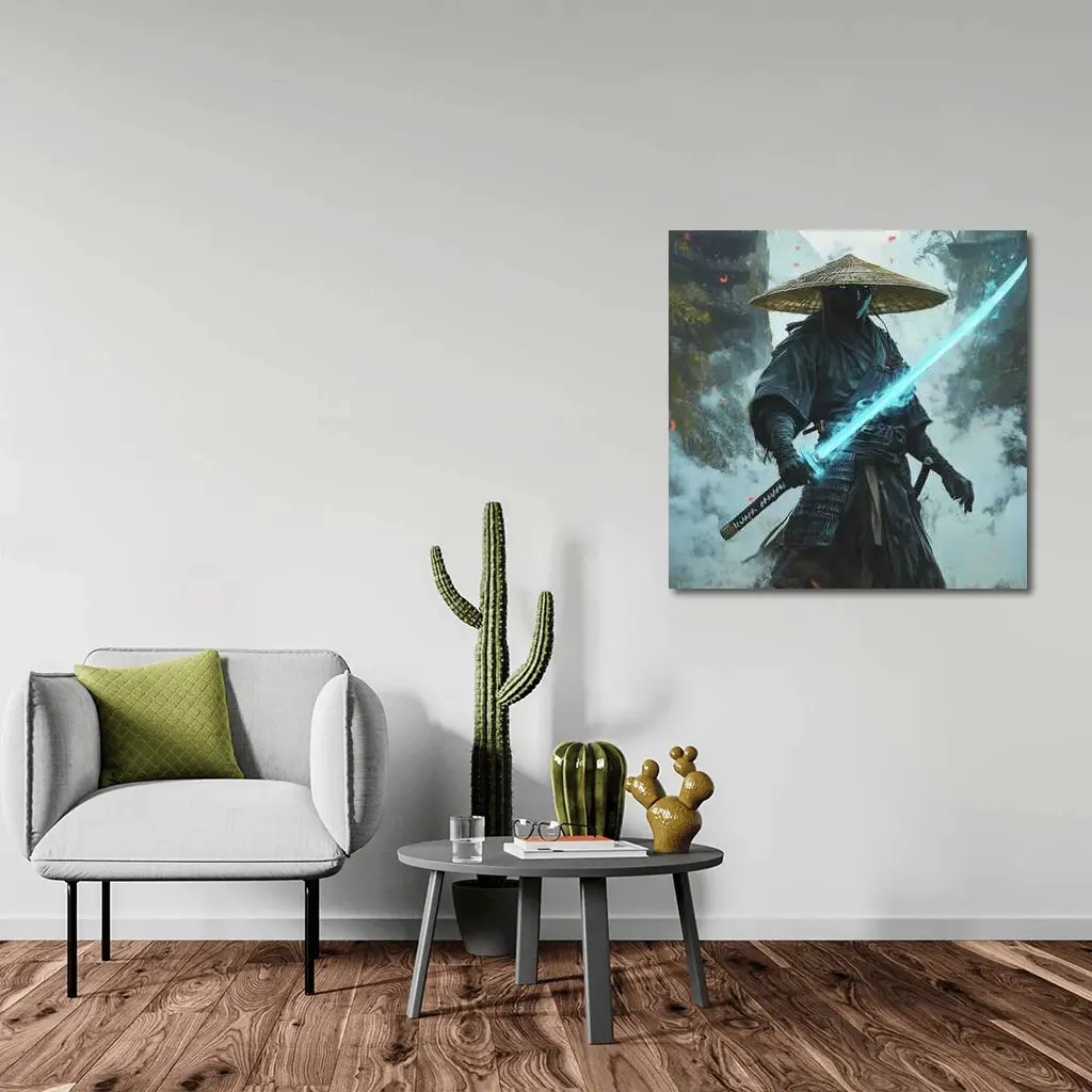 Dark Samurai Glowing Blue Sword Mist – Wall Art