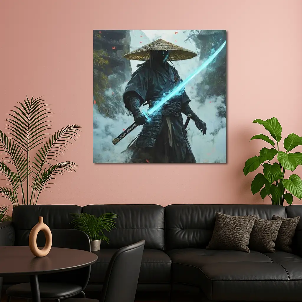 Dark Samurai Glowing Blue Sword Mist – Wall Art