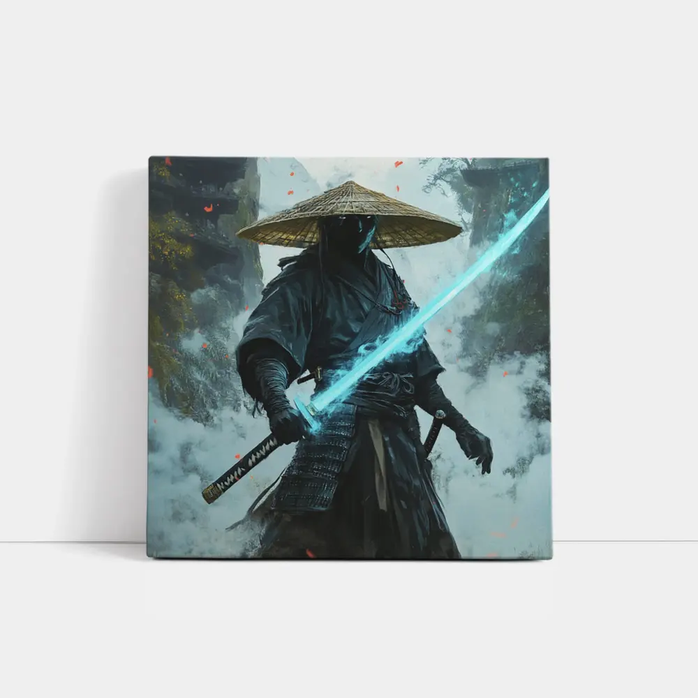 Dark Samurai Glowing Blue Sword Mist – Wall Art