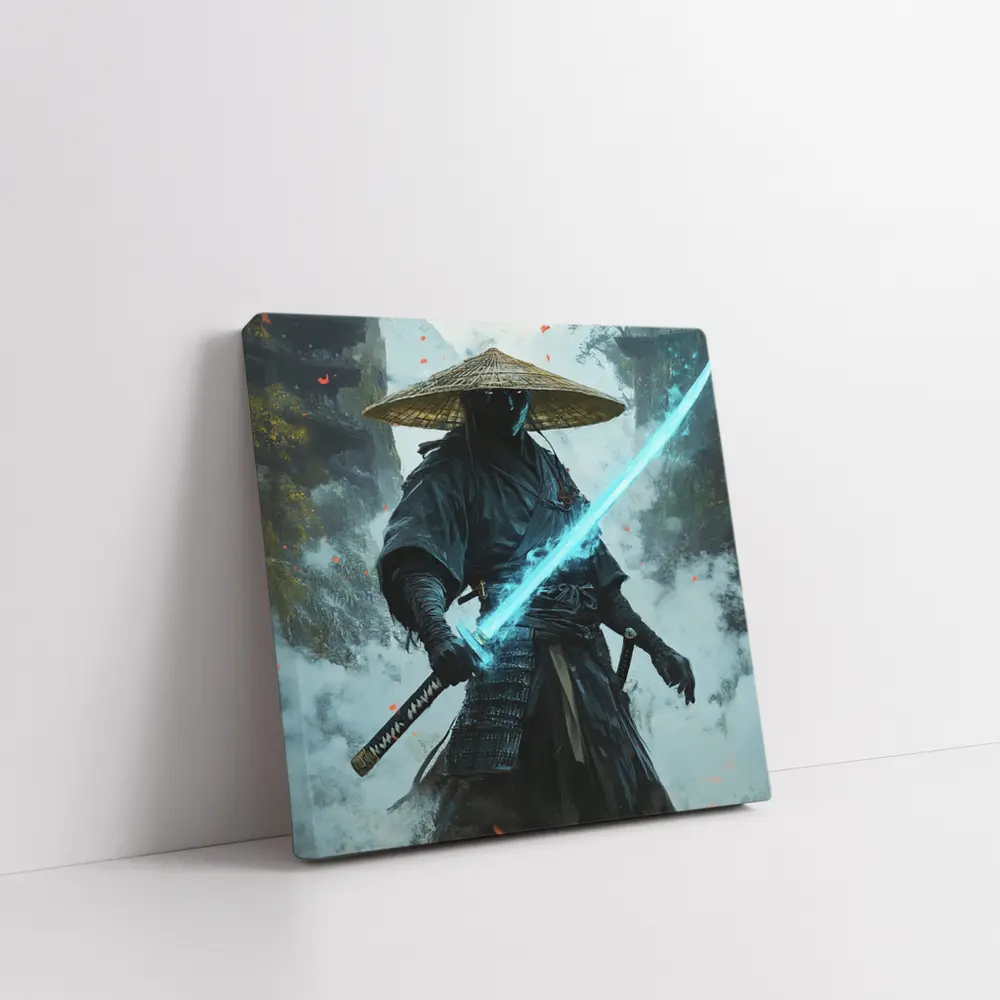 Dark Samurai Glowing Blue Sword Mist – Wall Art