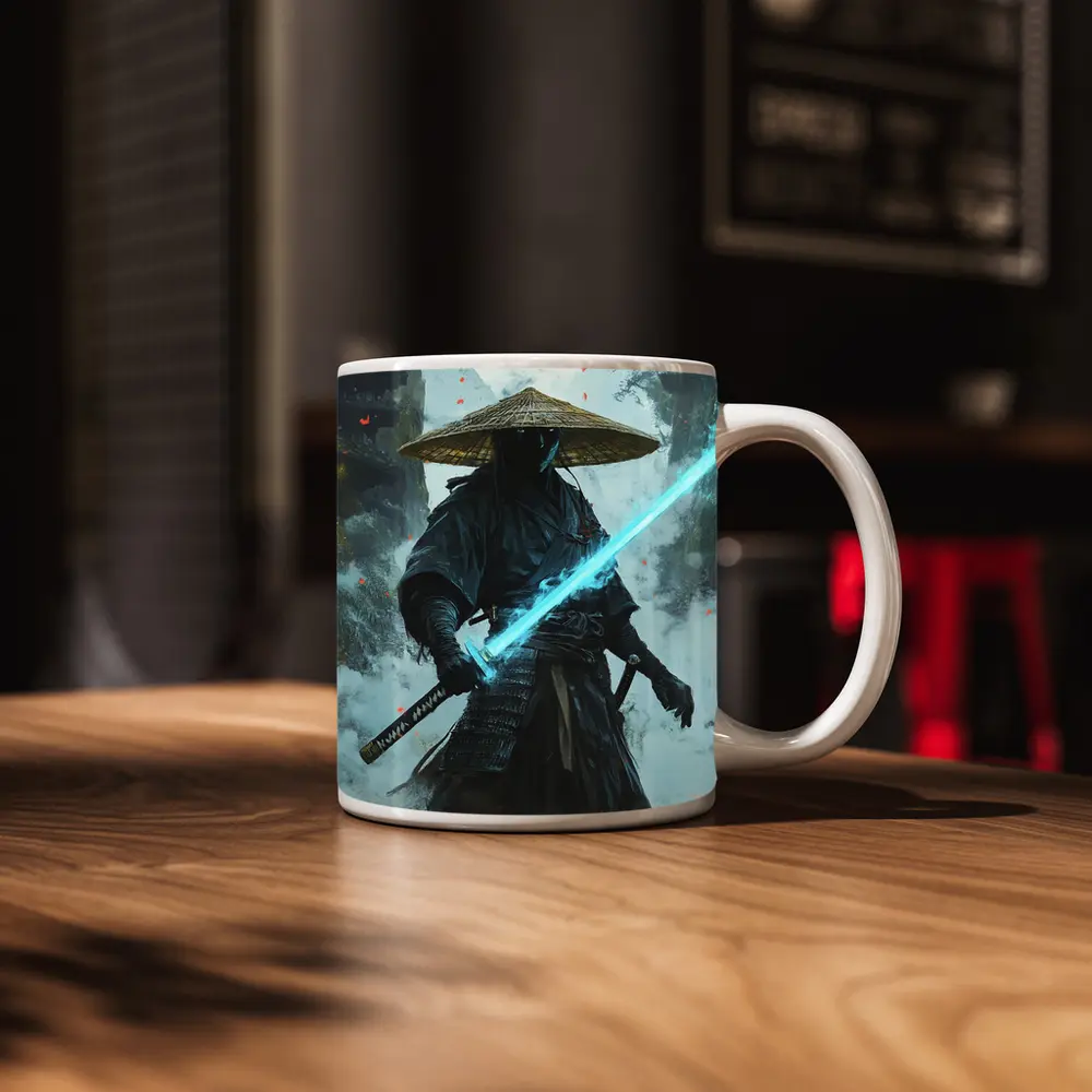 Dark Samurai Glowing Blue Sword Mist – Mugs