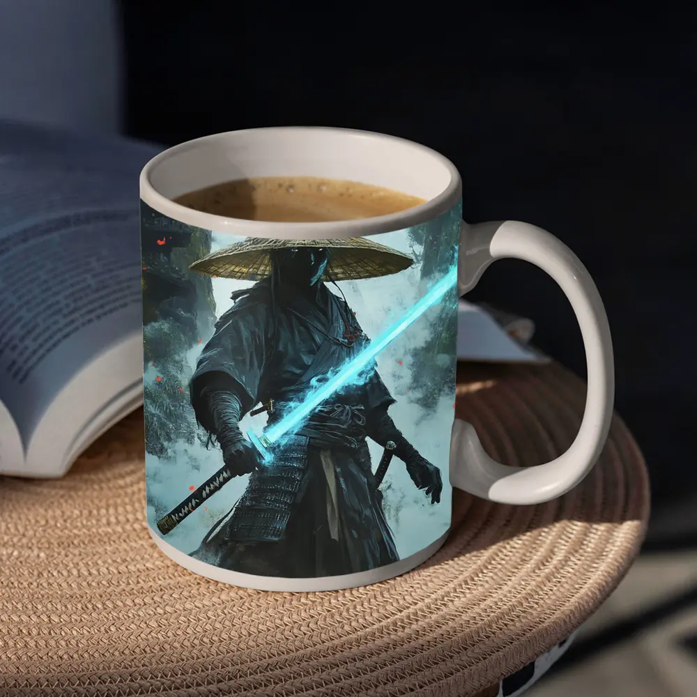 Dark Samurai Glowing Blue Sword Mist – Mugs