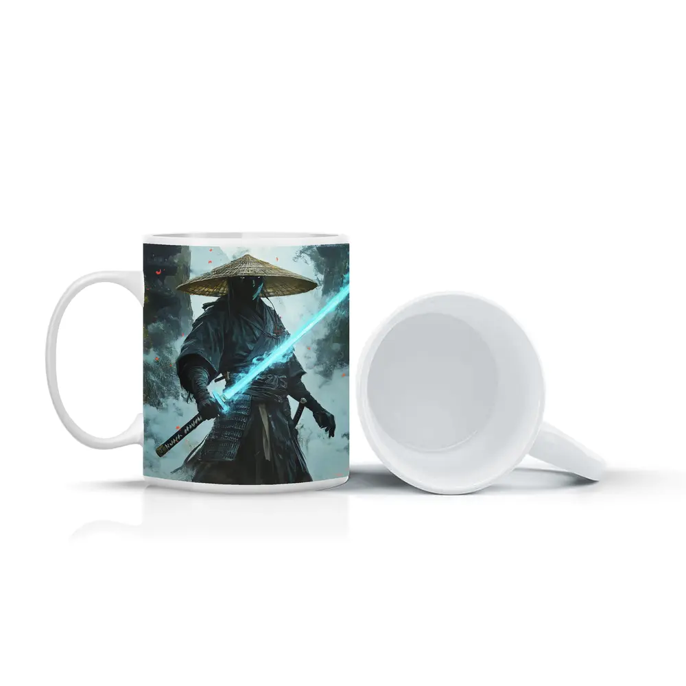 Dark Samurai Glowing Blue Sword Mist – Mugs