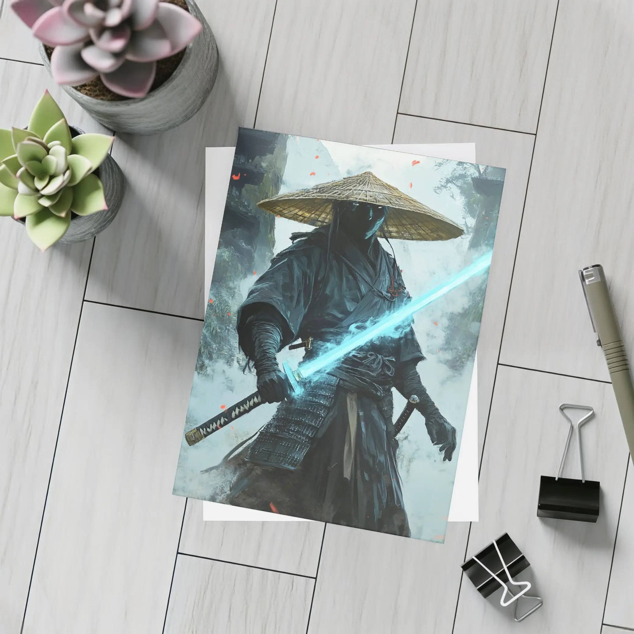 Dark Samurai Glowing Blue Sword Mist – Postcards