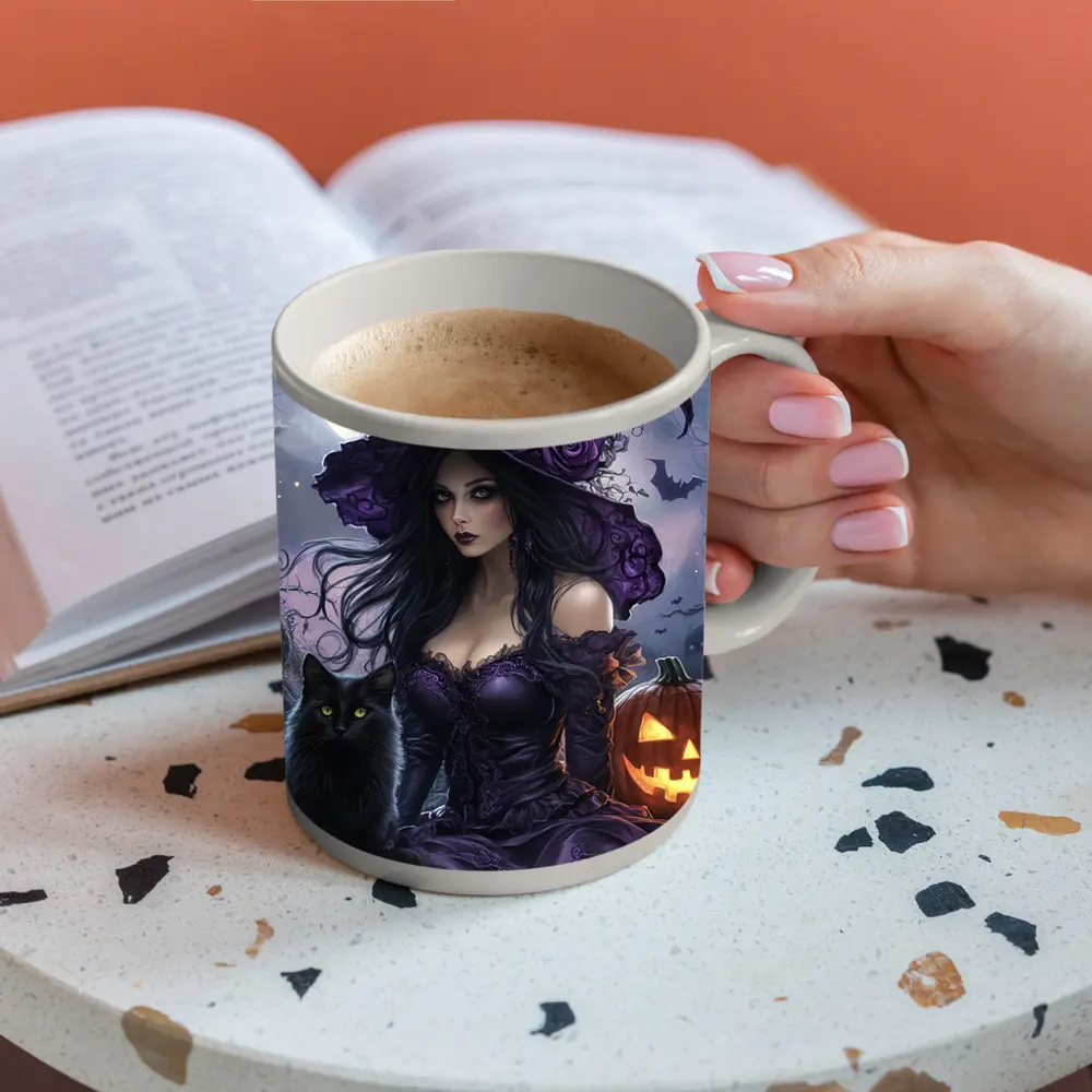 Gothic Witch Black Cat Halloween Night Art – Mugs