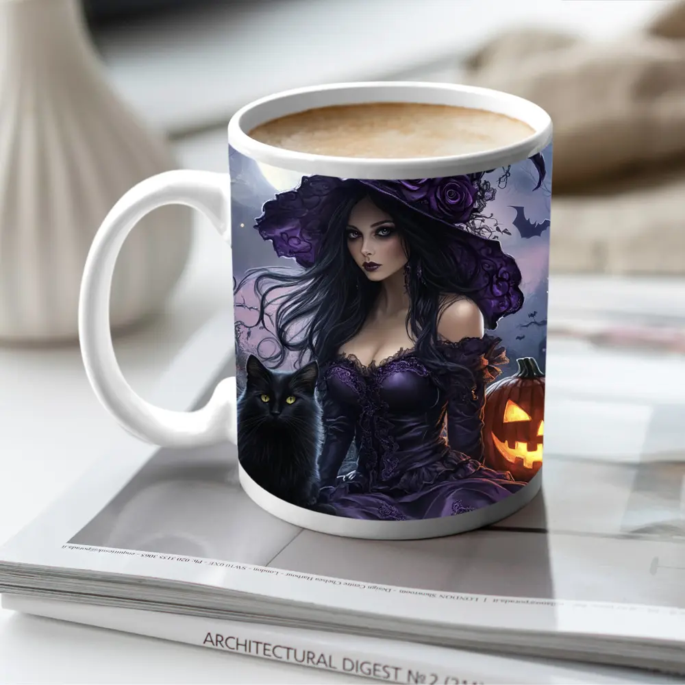 Gothic Witch Black Cat Halloween Night Art – Mugs