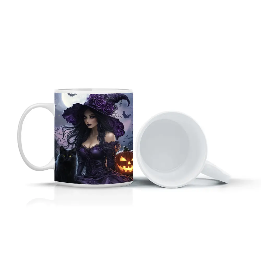 Gothic Witch Black Cat Halloween Night Art – Mugs
