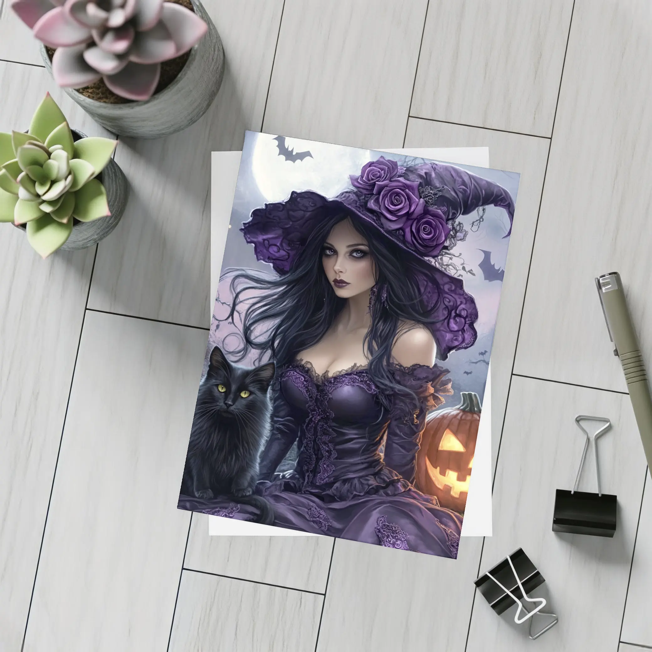 Gothic Witch Black Cat Halloween Night Art – Postcards