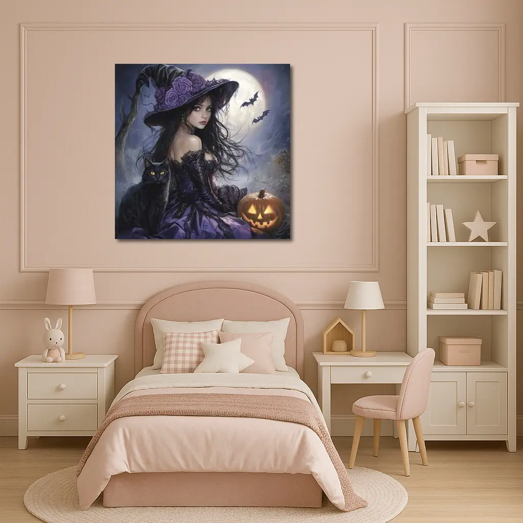 Halloween Witch Black Cat Full Moon – Wall Art