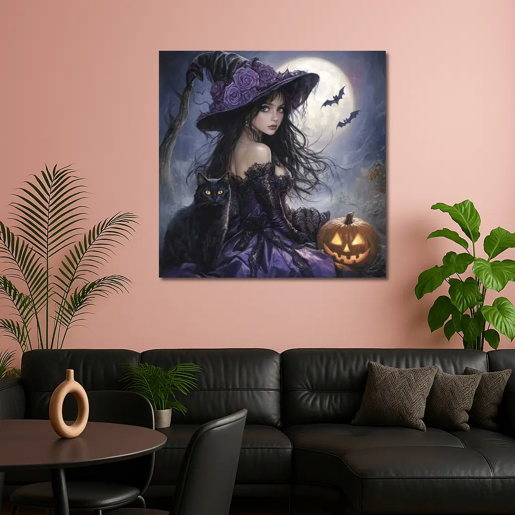 Halloween Witch Black Cat Full Moon – Wall Art