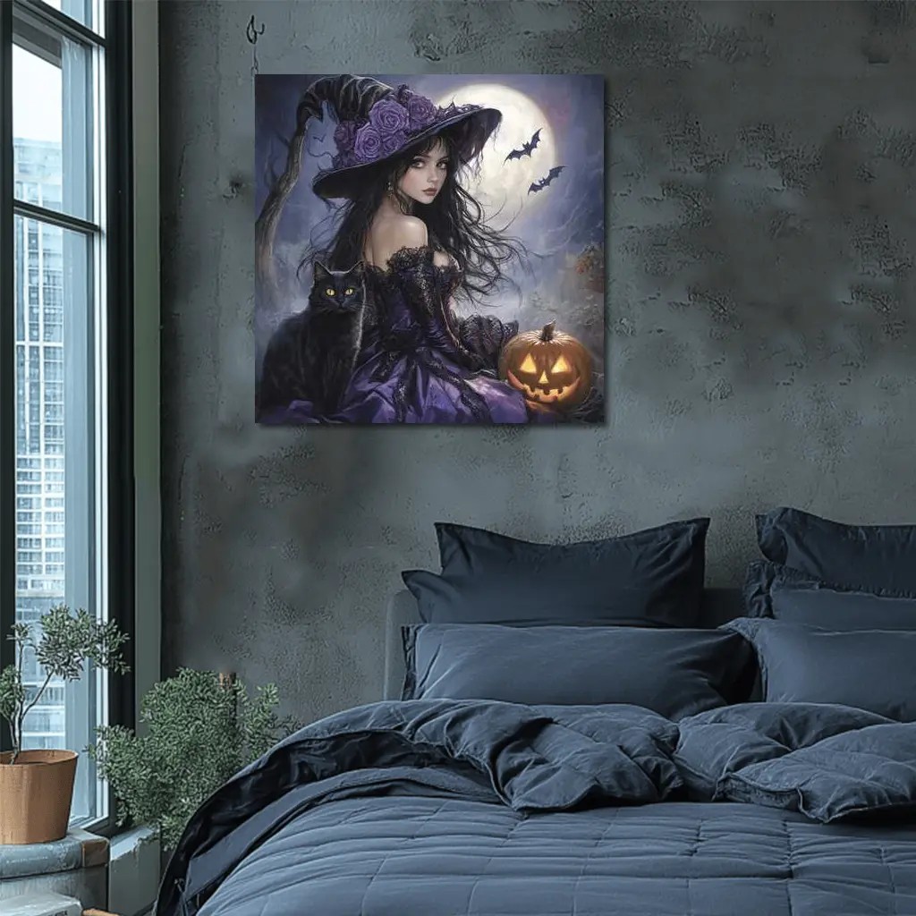Halloween Witch Black Cat Full Moon – Wall Art
