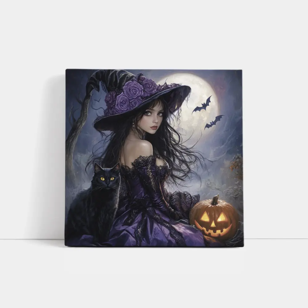 Halloween Witch Black Cat Full Moon – Wall Art